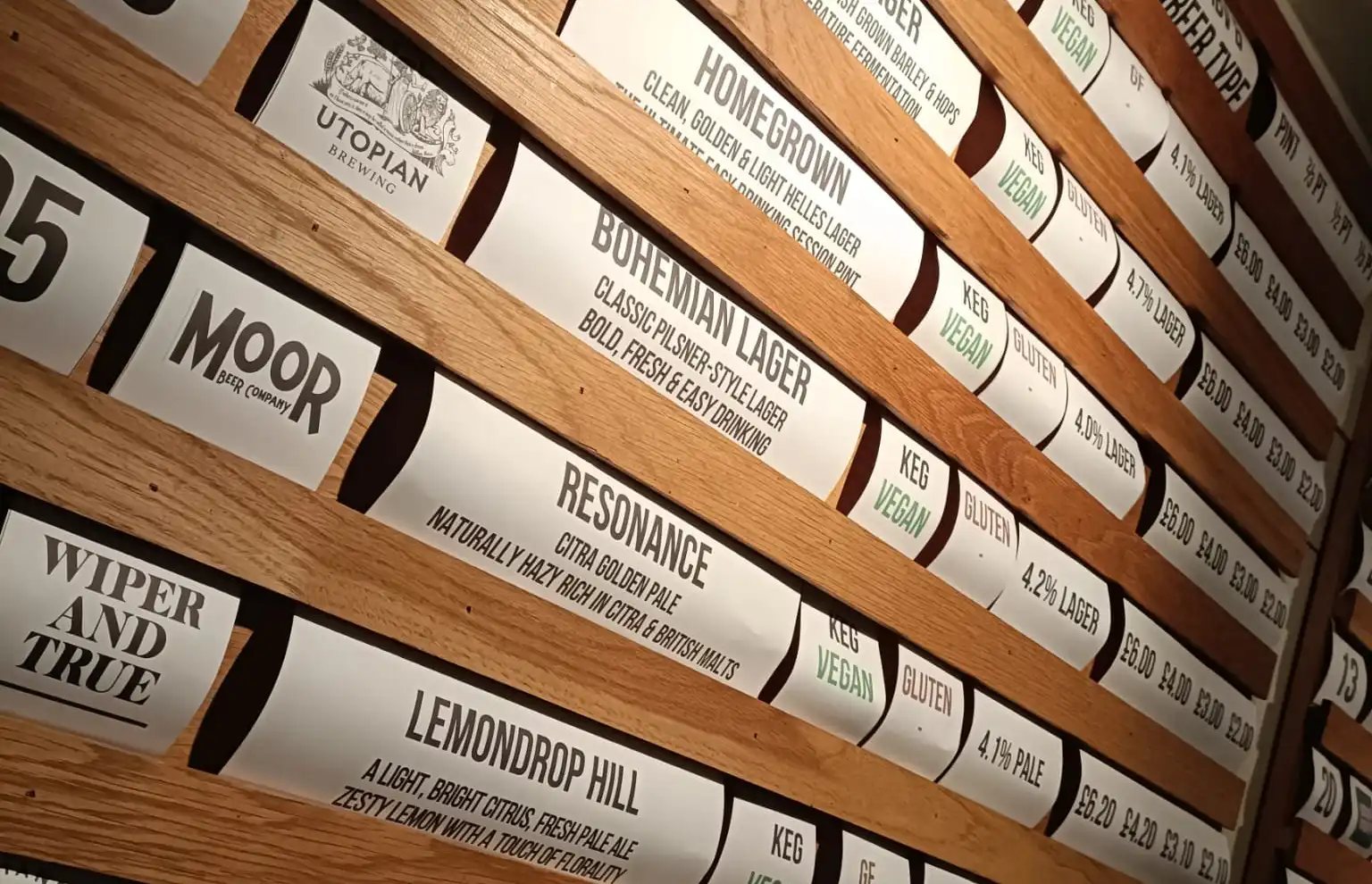Close-up of the beer board at The Volley, showing a selection of independent breweries