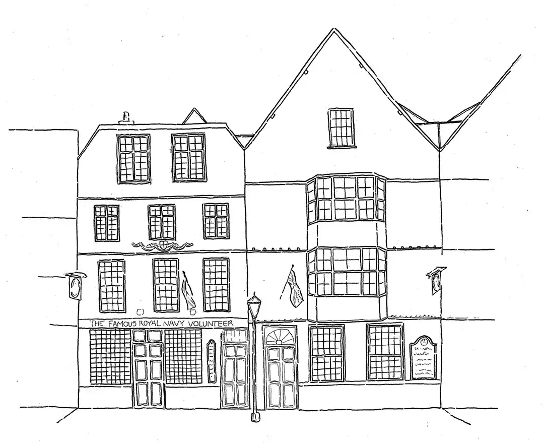 A hand drawn illustration of The Famous Royal Navy Volunteer pub